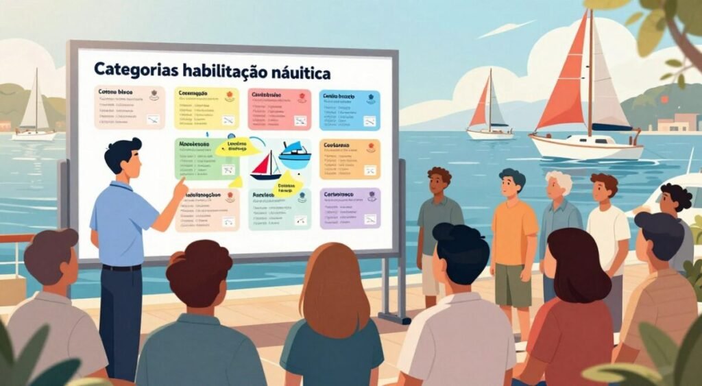 A detailed illustration representing the "categorias habilitação náutica" in Brazil, featuring a variety of boat licenses. In the foreground, include a marine instructor in professional attire, explaining the different categories to a diverse group of aspiring nautical professionals, dressed in modest casual clothing. The middle ground should showcase a chart or diagram that visually differentiates the various types of boat licenses, depicted with vibrant colors and clear labeling. In the background, add a serene harbor scene with calm waters and sailboats gently swaying, under a soft, warm sunlight that enhances the inviting atmosphere. Use a slight panoramic angle to capture the entire scene, evoking a sense of professionalism and excitement about nautical training. Ensure the lighting is bright yet soft to create an uplifting mood.