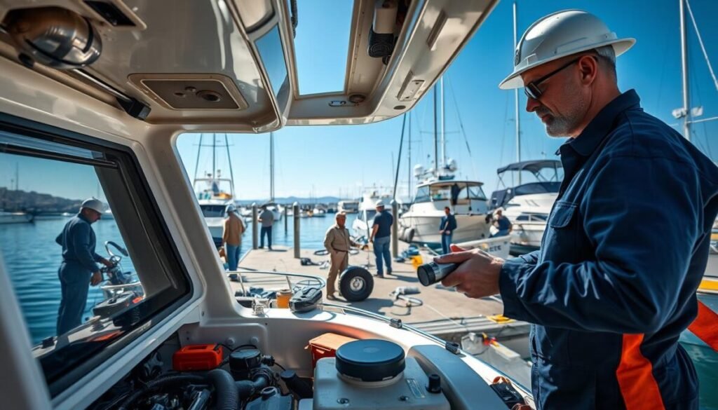 A professional-looking maintenance technician inspecting a boat in a well-lit marina. In the foreground, the technician, dressed in a navy blue uniform, is checking the engine compartment with a flashlight, showcasing tools scattered around. In the middle ground, a diverse crew works on various maintenance tasks—cleaning hulls, checking safety equipment, and tightening fittings. The background features serene water reflecting the clear blue sky, with additional boats docked nearby. The scene captures a bright, sunny day, creating a sense of diligence and safety. The angle is slightly elevated, giving a comprehensive overview of the maintenance activities while emphasizing professionalism and attention to detail.