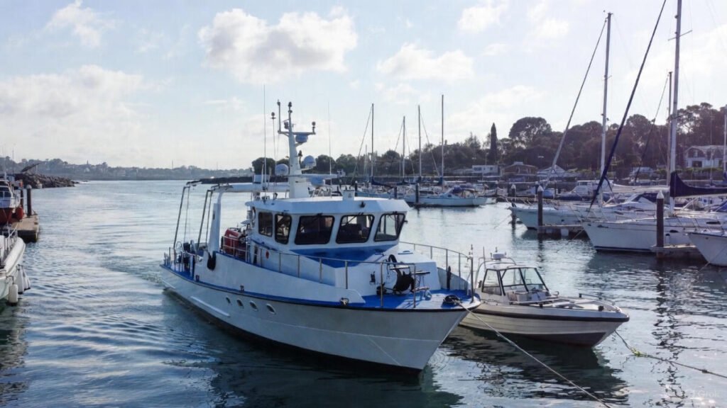 A serene marina during golden hour, showcasing a well-maintained security and support vessel moored at the dock. In the foreground, the vessel features safety equipment, like life rings and first aid kits, emphasizing its operational readiness. In the middle ground, a professional dressed maritime officer inspects important documents and checks safety procedures, reflecting the legal obligations of the marina. The background reveals clear blue skies and gentle ripples on the water, with distant boats maintaining a harmonious environment. Soft sunlight casts warm tones, enhancing the calm and responsible atmosphere. The image captures a moment of diligence and professionalism in maritime operations. Embarcacao de Seguranca e Apoio da Marina Regras Obrigacoes e Funcionamento 1