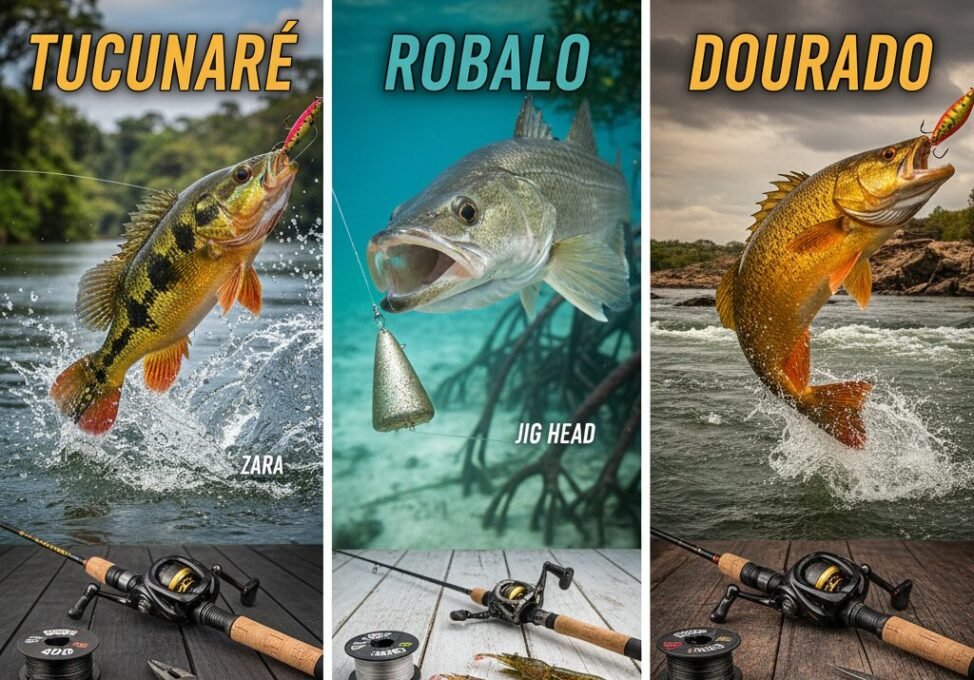 Pesca esportiva por espécie equipamentos ideais para tucunaré, robalo e dourado.